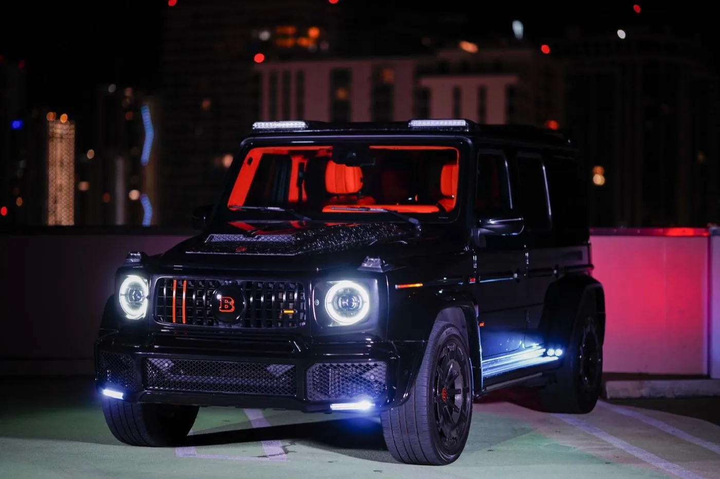 The Mercedes-AMG G63 Brabus at night in Miami